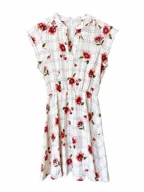 Floral Grid Print Mini Dress Small White Pink Boho Spring Fit Flare